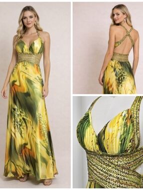 VtgCinderella Y2K Prom Dress Maxi Sz 6 Babydoll Fairy Satin Halter Beaded Formal